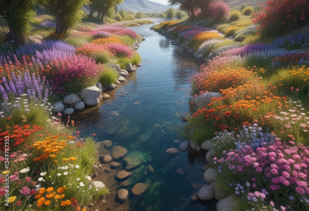River meanders alongside a carpet of colorful flowers, jungle, vibrant colors River meanders alongside a carpet of colorful flowers, jungle, vibrant colors