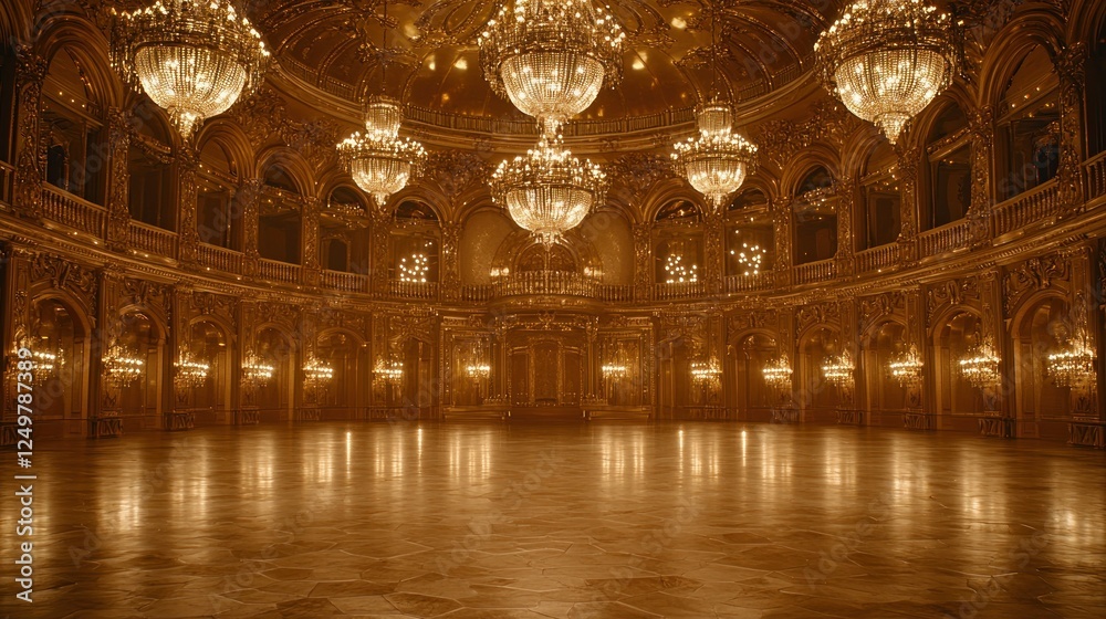 Obraz premium Golden ballroom, ornate chandeliers, empty space, elegant interior