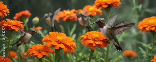 Ruby throated Hummingbirds gathered on a bright orange marigold , vibrant, nectar, bloom