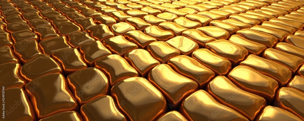 Obraz premium Abstract 3d illustration of golden blocks. Golden paving stones arranged in pattern. Luxurious, opulent design. Suitable for backgrounds in luxury, finance, tech sectors. Modern geometrical design.