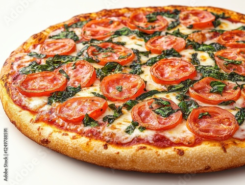 A delicious pizza topped with fresh tomatoes and spinach on a golden crust.
