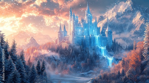 Majestic ice castle surrounded by mountains fantasy land digital art winter wonderland aerial view enchantment