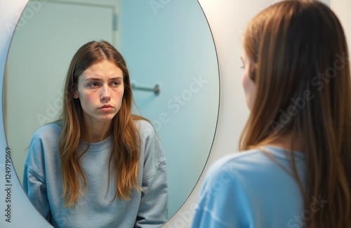 Young woman looking unhappy in bathroom mirror. Appears tired, insecure. Expression suggests feelings of distress, low self-esteem. Morning routine seems stressful. Personal crisis identity issue photo