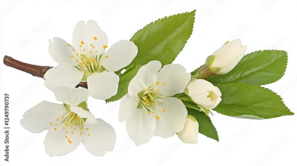 Obraz premium Delicate white cherry blossoms on branch with green leaves