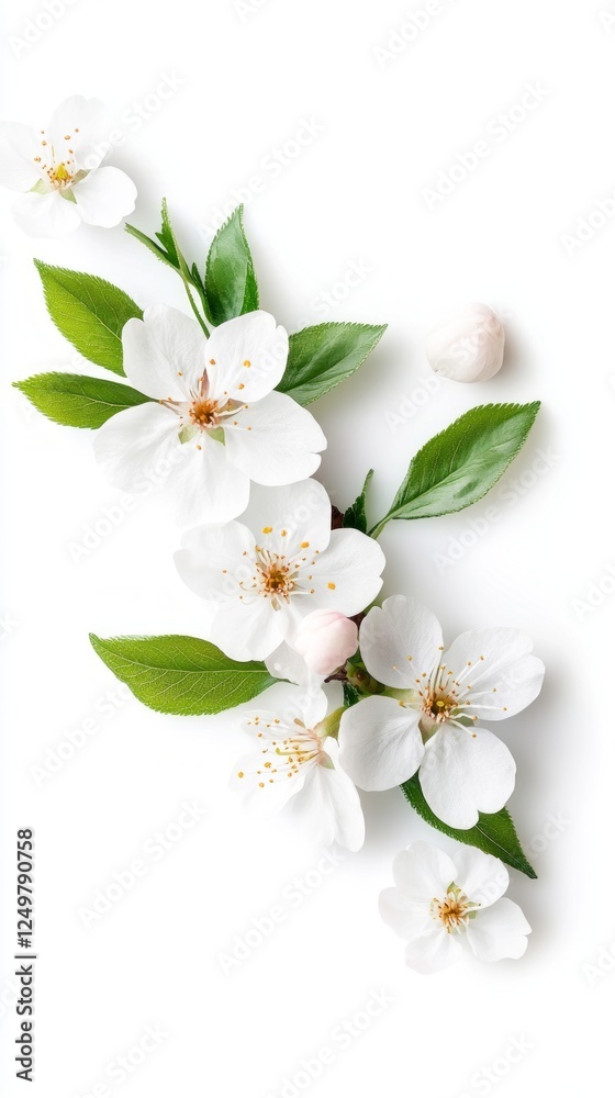 Fototapeta premium Delicate white cherry blossoms with green leaves on a bright background