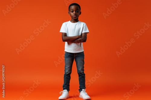 A black kid in a white t-shirt, jeans and white sneakers stands on a uniform orange background