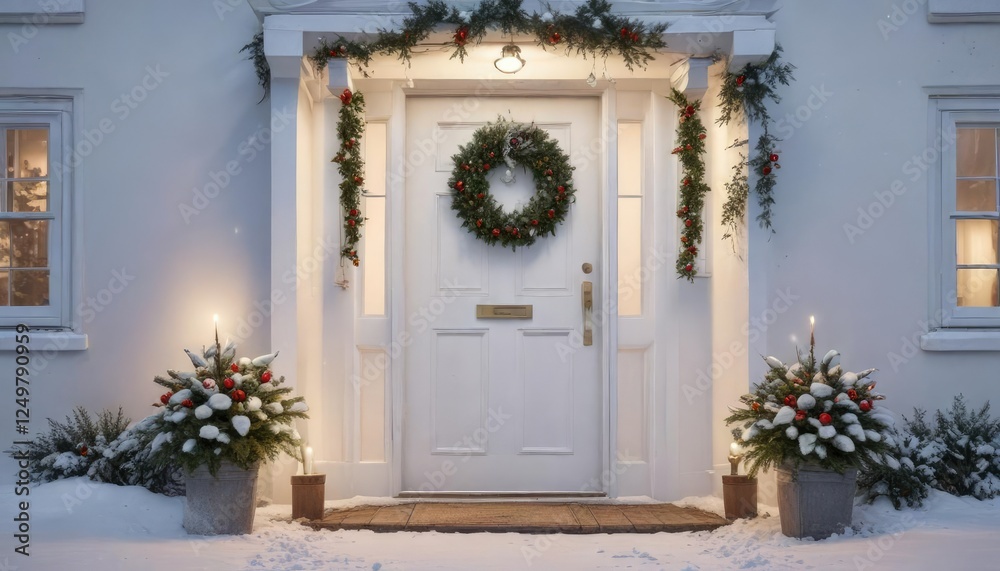 Snowy landscape with a white front door and a Christmas wreath on the entrance , winter scenery, winter wonderland, winter Snowy landscape with a white front door and a Christmas wreath on the entrance , winter scenery, winter wonderland, winter