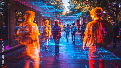 Embrace excitement of new academic year futuristic photo series using holographic overlay depict student stepping into virtual classroom exploring immersive learning environment embracing future of
