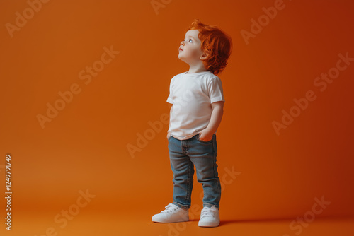 A toddler with red hair in a white t-shirt, jeans and white sneakers stands on a uniform orange background