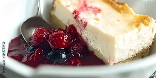 Creamy Cheesecake with Berry Compote: A delectable slice of creamy New York-style cheesecake is served with a vibrant berry compote, creating a harmonious balance of sweet and tart flavors.