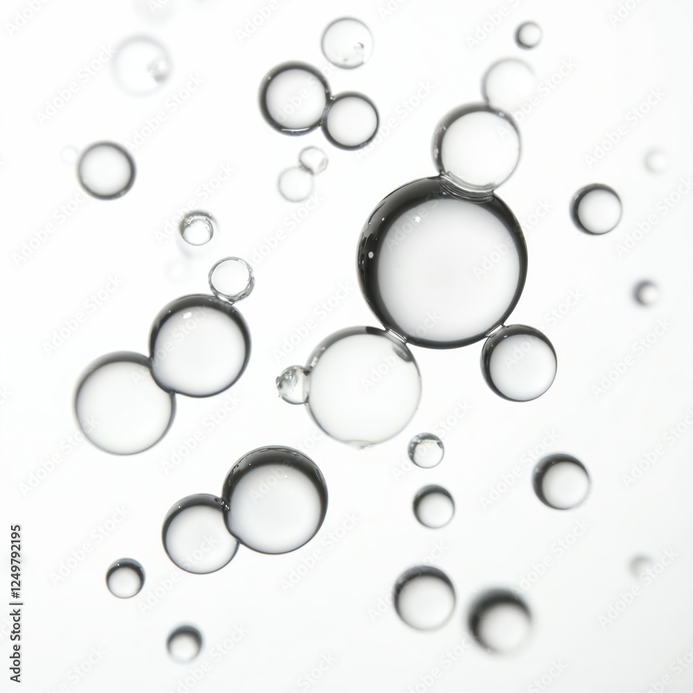 Many round clear bubbles float in water. Look shiny, transparent against plain white background. Bubbles various sizes, appear glossy. Macro close-up view of water surface. Illustration conveys Many round clear bubbles float in water. Look shiny, transparent against plain white background. Bubbles various sizes, appear glossy. Macro close-up view of water surface. Illustration conveys