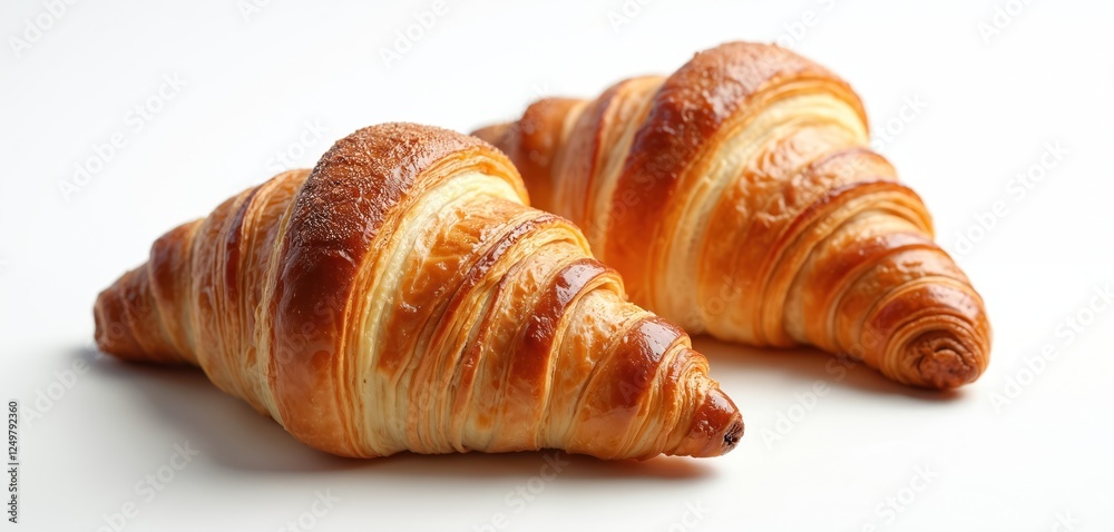 Fototapeta premium Two golden brown croissants rest on white background. Flaky layers, rich color suggest freshness, deliciousness. Perfect for breakfast quick snack. Bakery style pastries. Mouthwatering image ideal