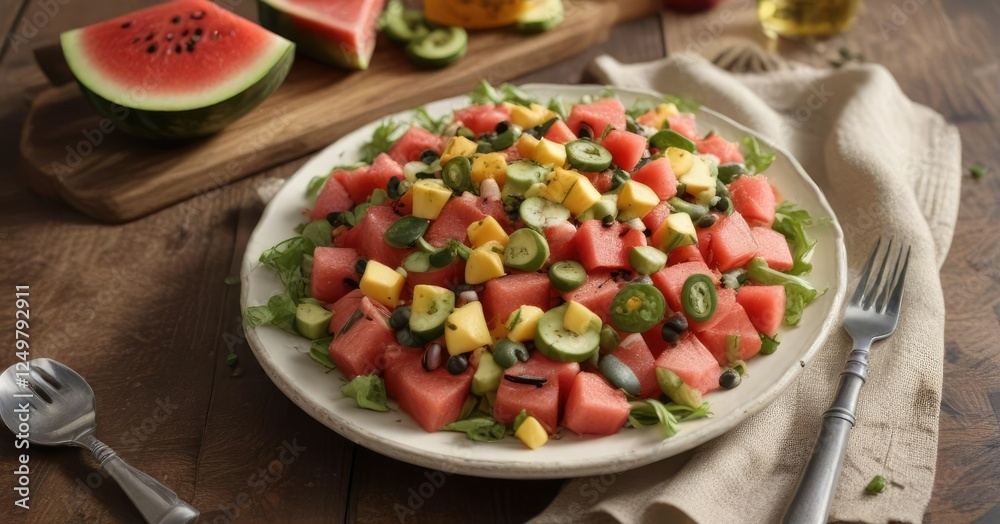 Spicy watermelon salad with diced cheddar cheese and jalapeno, vegetarian, exotic blend, hot, organic Spicy watermelon salad with diced cheddar cheese and jalapeno, vegetarian, exotic blend, hot, organic