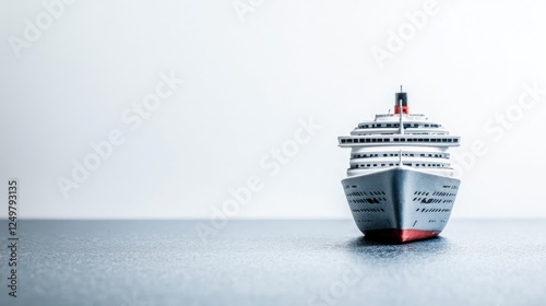 Miniature cruise ship model on a smooth surface with a minimalist background, ideal for travel themes photo