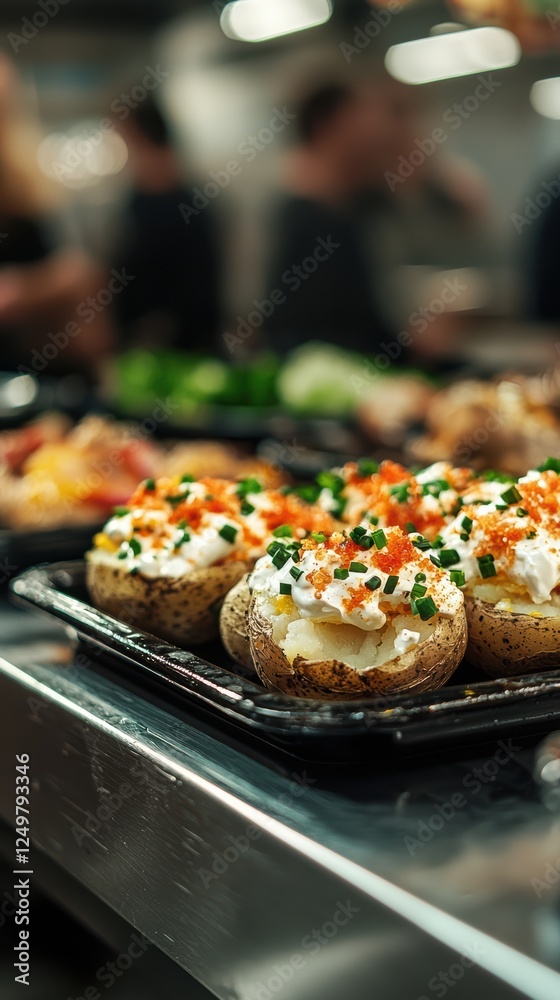 Loaded baked potatoes with sour cream and chives at a diner Loaded baked potatoes with sour cream and chives at a diner
