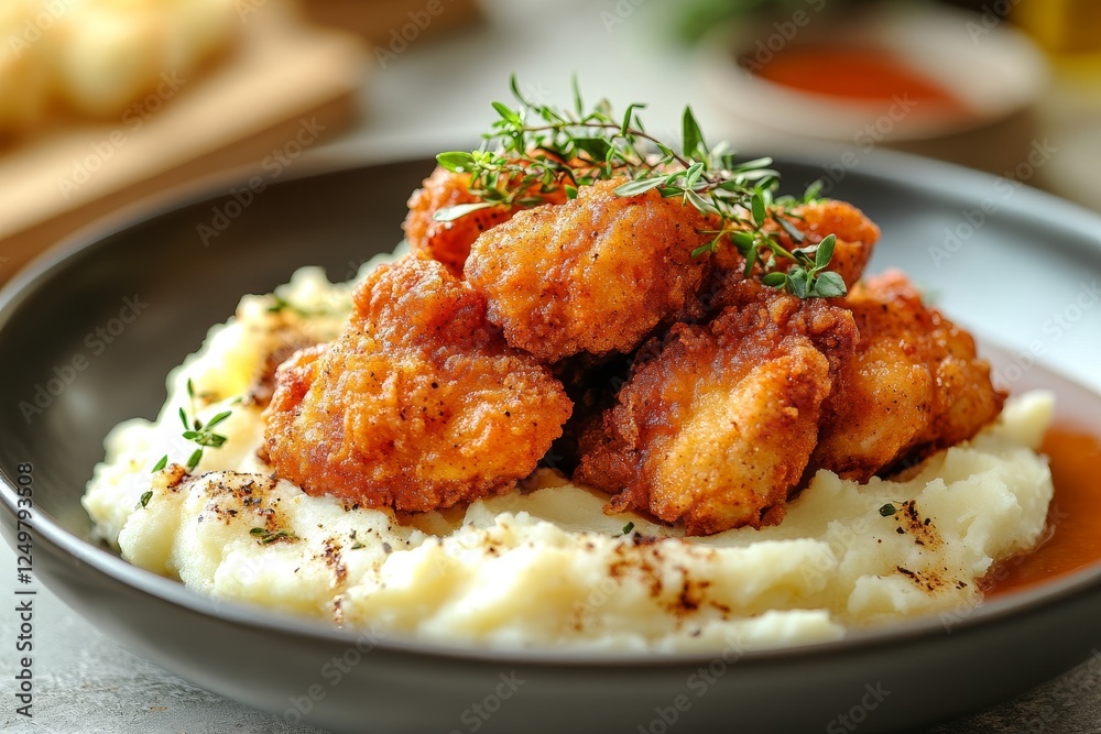 Fototapeta premium Crispy fried chicken, mashed potato, herbs. Restaurant dish