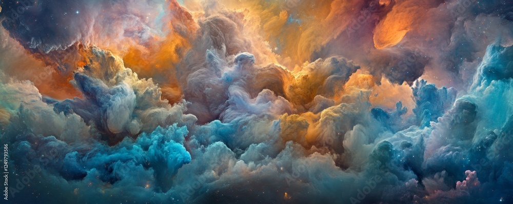 Obraz premium Cosmic Cloudscape Nebula swirls, vibrant colors, starry background, digital art