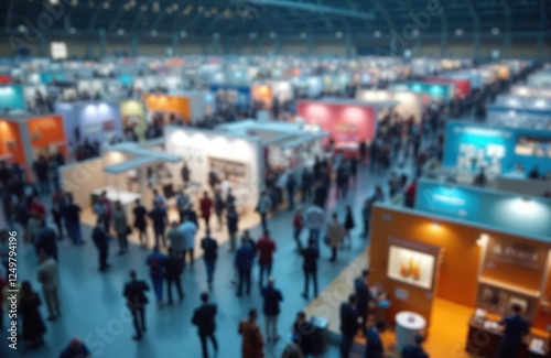 Large crowd fills trade fair expo hall. Many people visit stands, booths. Busy event at international convention. City architecture view in background. Nighttime atmosphere. Lots of activity,