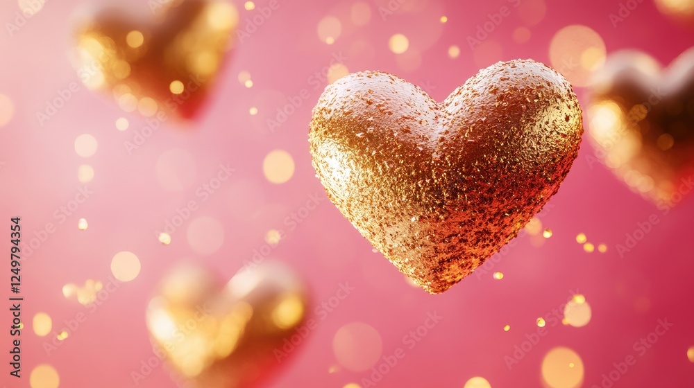 Fototapeta premium Floating golden hearts with soft glowing particles on a warm pink background.