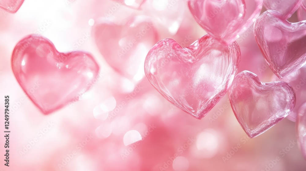 Obraz premium Floating translucent hearts in various shades of pink on a soft backdrop.