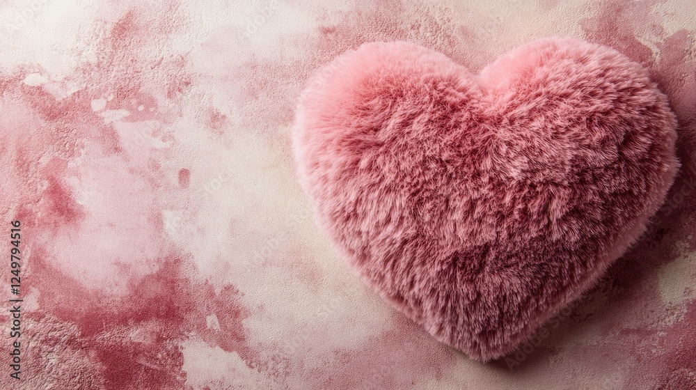 Obraz premium Fluffy pink heart pillow resting on a pastel pink velvet background.