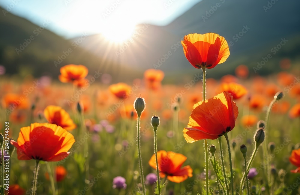 Fototapeta premium Colorful poppy flowers bloom in sunny meadow. Sunlight highlights vibrant petals. Rural beauty is captured in this summer scene. Wildflowers flourish in countryside lawn. Picturesque landscape.