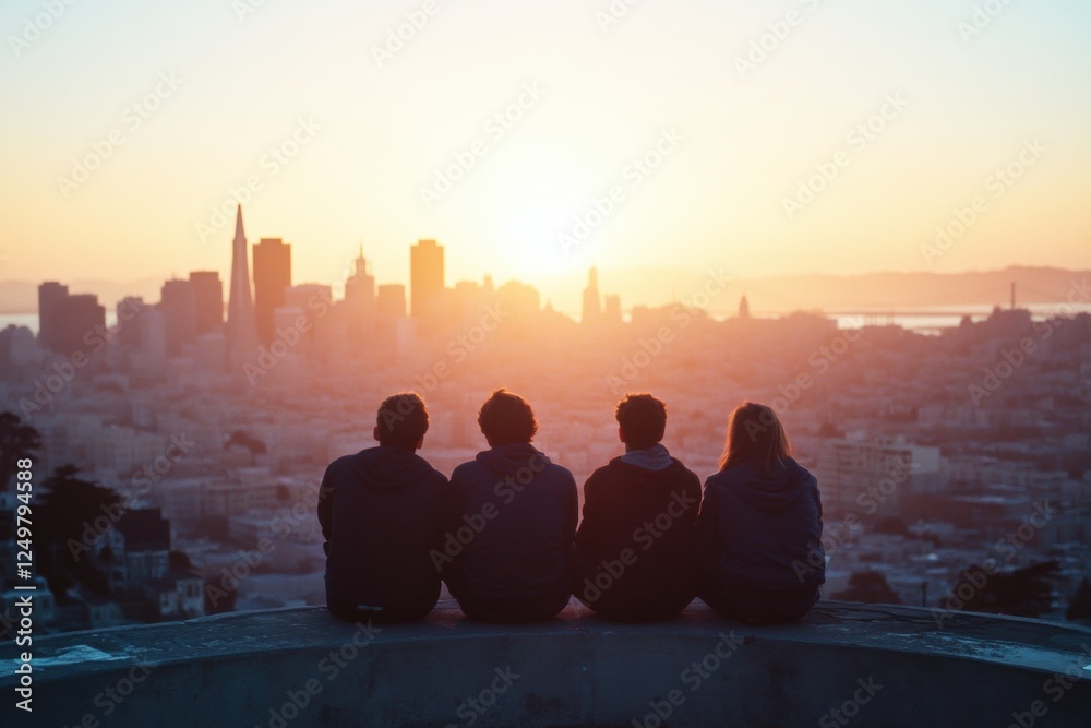 A photograph of friends sitting on the edge, overlooking the San Francisco city skyline, with soft pastel colors, a hazy atmosphere, and sun rays Generative AI A photograph of friends sitting on the edge, overlooking the San Francisco city skyline, with soft pastel colors, a hazy atmosphere, and sun rays Generative AI