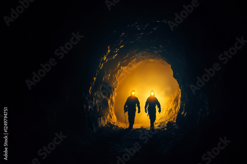 Silhouette of Miners with Headlamps Underground Copy Space photo