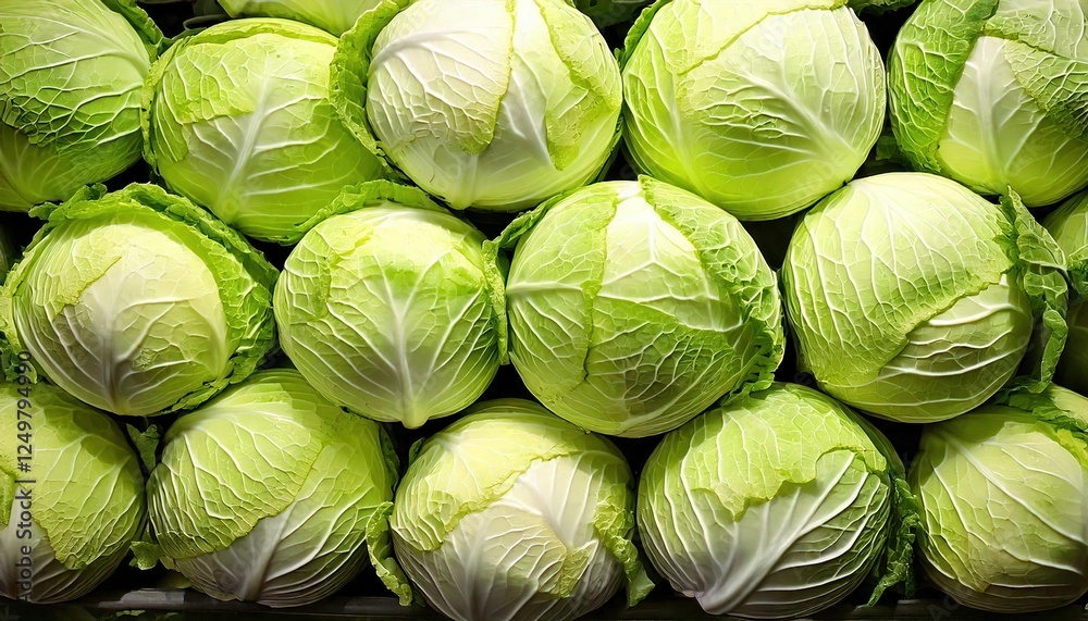 Green cabbages arranged neatly in a grocery store ready for customers Green cabbages arranged neatly in a grocery store ready for customers