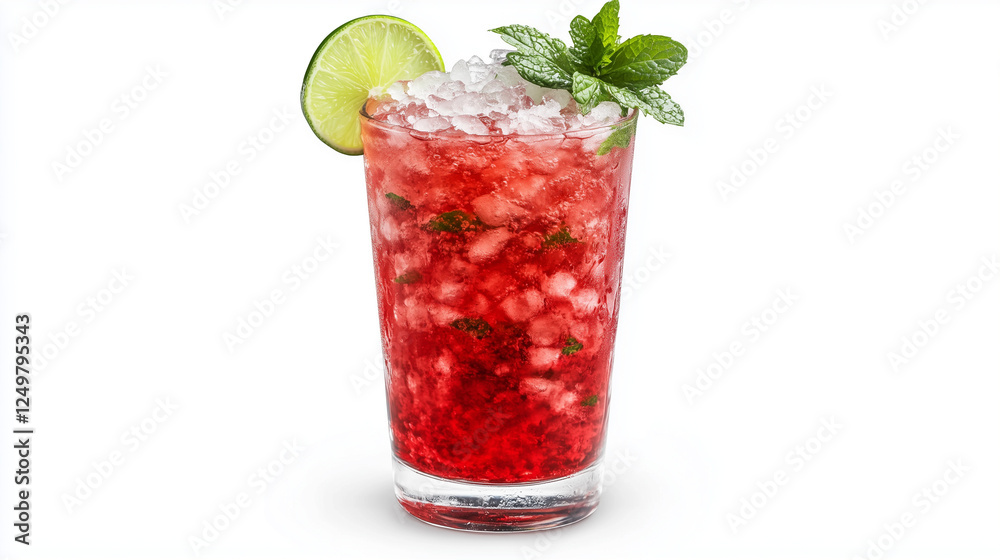 Red Cranberry Cocktail Drink With Lime And Mint. On White Background Red Cranberry Cocktail Drink With Lime And Mint. On White Background
