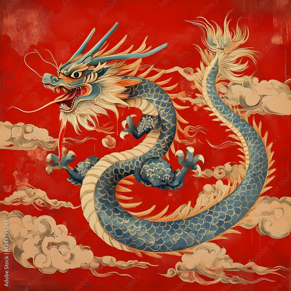 Obraz premium Majestic Chinese Dragon Illustration for Cultural Celebrations, Wall Art, and Festive Designs. A vibrant illustration of a traditional Chinese dragon coiled amidst swirling clouds against a striking r