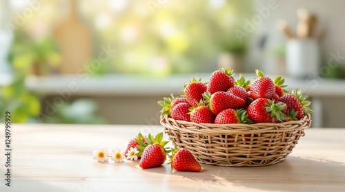 Fototapeta Naklejka Na Ścianę i Meble -  strawberries wicker basket kitchen tabletop red sweet fresh natural fruits