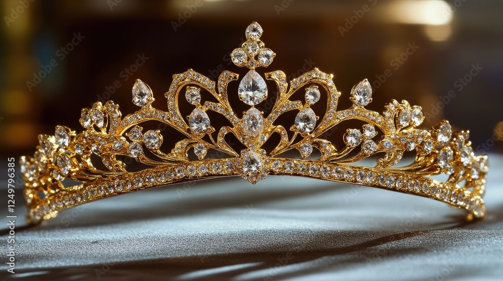 Obraz premium Golden tiara encrusted with diamonds, shining under dramatic lighting.