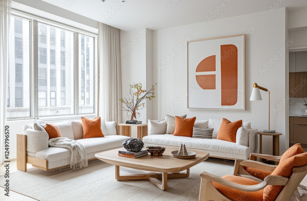 Fototapeta premium Modern living room with white sofa, orange pillows, large windows, and artwork.