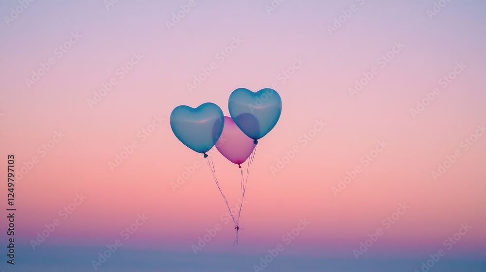 Fototapeta premium Heart-shaped balloons floating against a soft pink gradient background.