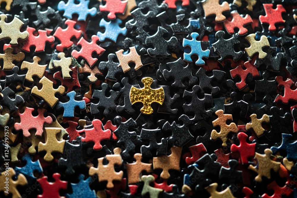 Fototapeta premium pieces of puzzles spread out in black, 1 piece in the middle in gold shining , one piece to complete a puzzle