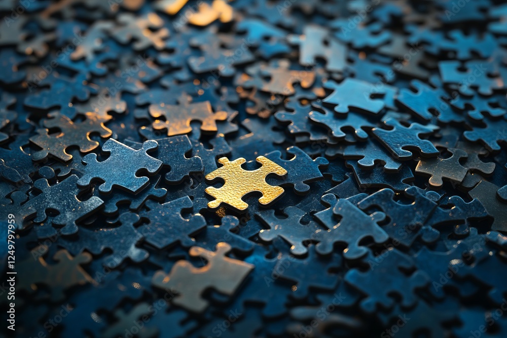 pieces of puzzles spread out in blue, 1 piece in the middle in gold shining , one piece to complete a puzzle pieces of puzzles spread out in blue, 1 piece in the middle in gold shining , one piece to complete a puzzle