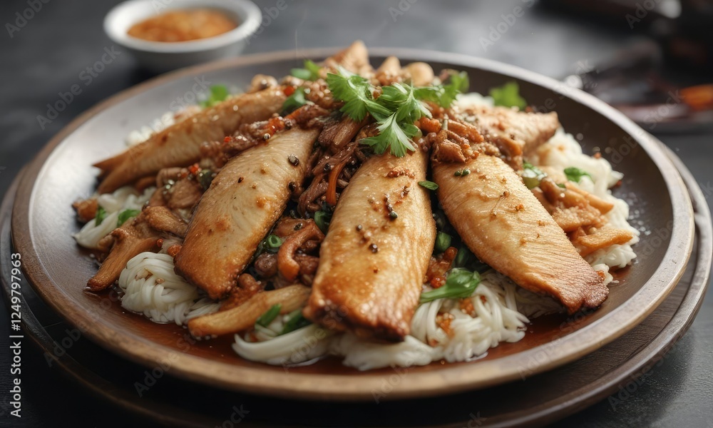 Plate of steaming hot Shanghai fried salted fish, plate of food, food on a plate, chinese cuisine Plate of steaming hot Shanghai fried salted fish, plate of food, food on a plate, chinese cuisine