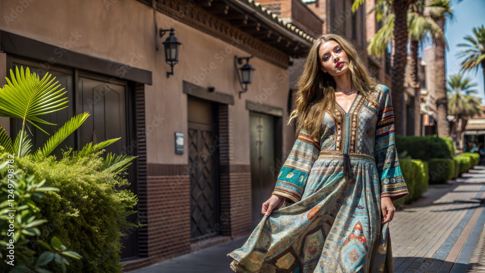 Fototapeta premium Moroccan Streets with Young Women in Bohemian Dress