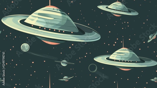 Explore a delightful seamless pattern featuring playful UFOs and planets, perfect for creating unique backgrounds and designs in various creative projects photo