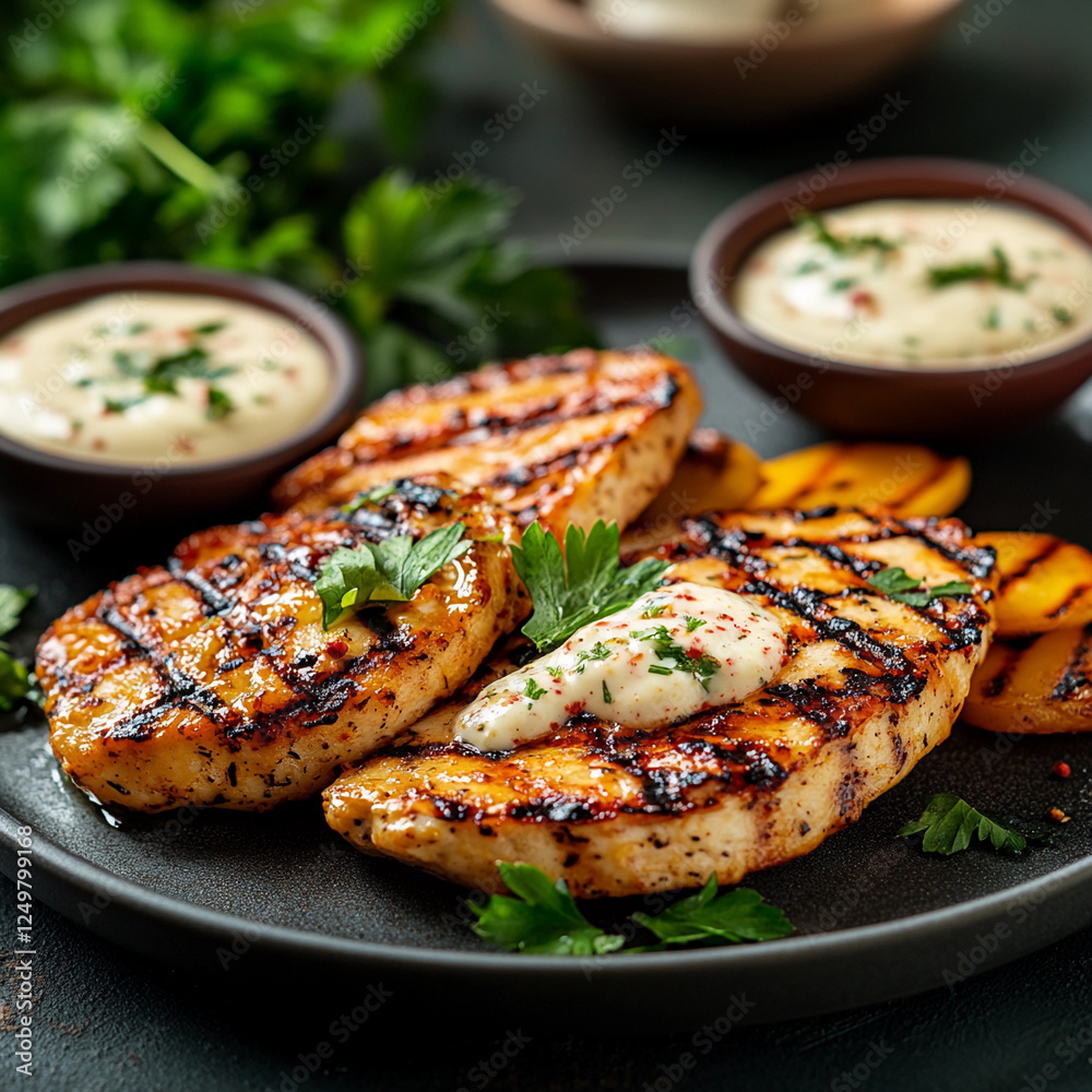 Grilled chicken breasts served with zesty sauces and garnished with fresh herbs on a rustic table Grilled chicken breasts served with zesty sauces and garnished with fresh herbs on a rustic table