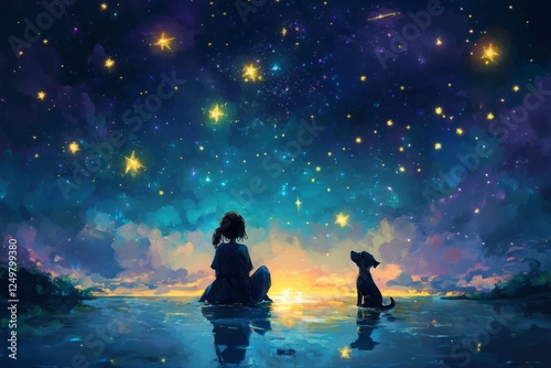 anime style illustration of a dog and a girl, a child looking the stars