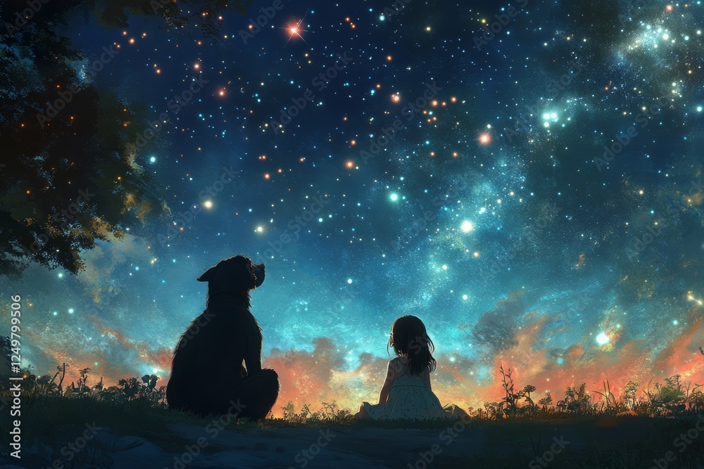 anime style illustration of a dog and a girl, a child looking the stars anime style illustration of a dog and a girl, a child looking the stars
