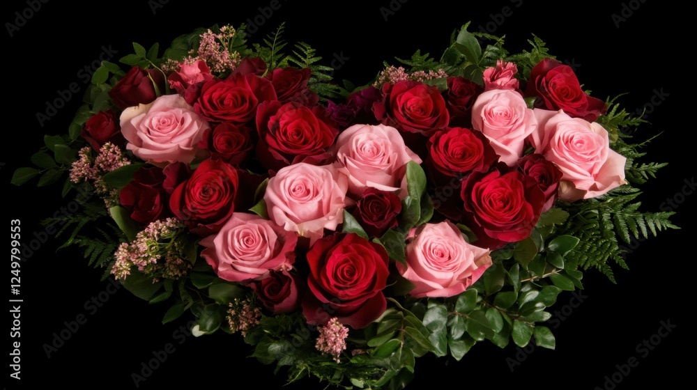 Naklejka premium A heart-shaped floral arrangement with a mix of red and pink roses.