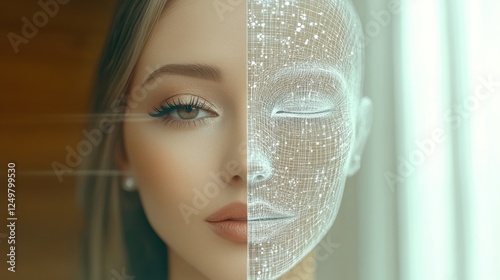 This intriguing image features a hybrid face, combining human and digital elements, which reflects the complex interplay of emotions, identity, and technology in our lives.