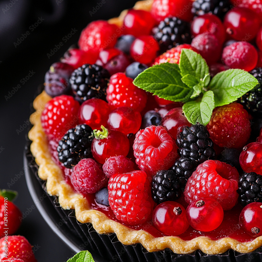 Exquisite berry tart adorned with fresh fruits and mint on a black background Exquisite berry tart adorned with fresh fruits and mint on a black background
