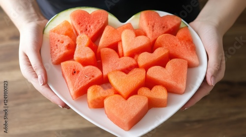 A heart-shaped fruit plate elegantly arranged with fresh watermelon slices.