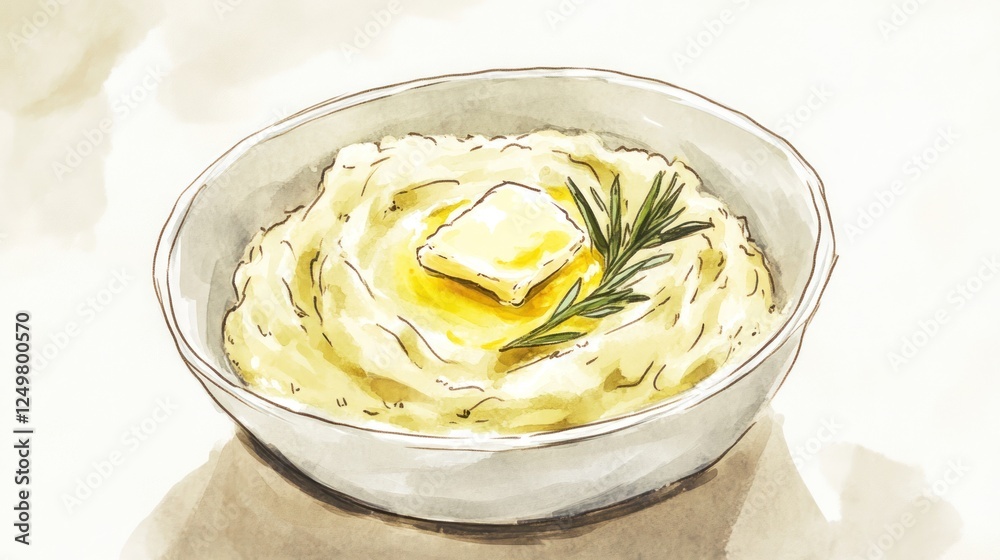 A bowl of creamy mashed potatoes topped with butter and a sprig of rosemary. A bowl of creamy mashed potatoes topped with butter and a sprig of rosemary.