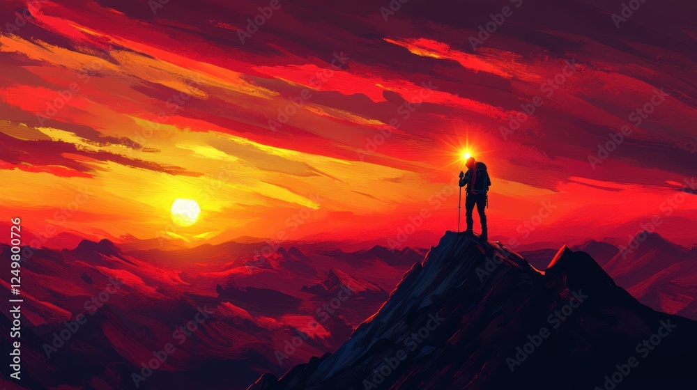 A lone hiker stands atop a mountain, silhouetted against a vibrant sunset sky. A lone hiker stands atop a mountain, silhouetted against a vibrant sunset sky.