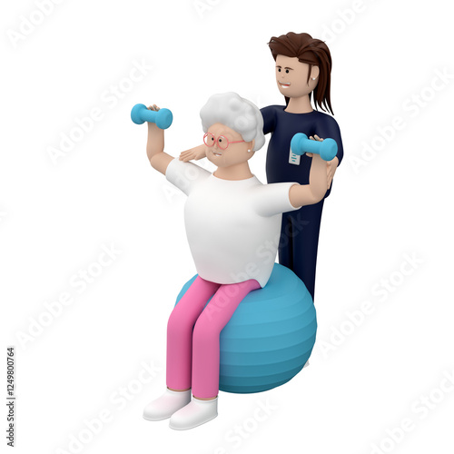 Senior female character doing exercises with dumbbells while sitting on rehabilitation ball, woman doctor assisting from behind, 3d render